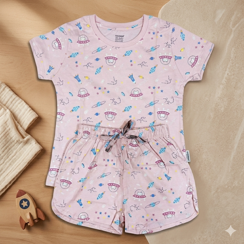 Cucumber Baby Girl Cotton Co-Ord Set Pink Printed T-Shirt and Shorts Set - Cutypi