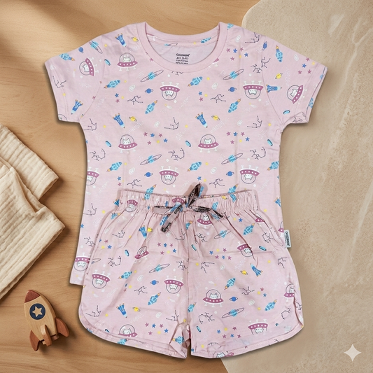 Cucumber Baby Girl Cotton Co-Ord Set Pink Printed T-Shirt and Shorts Set - Cutypi