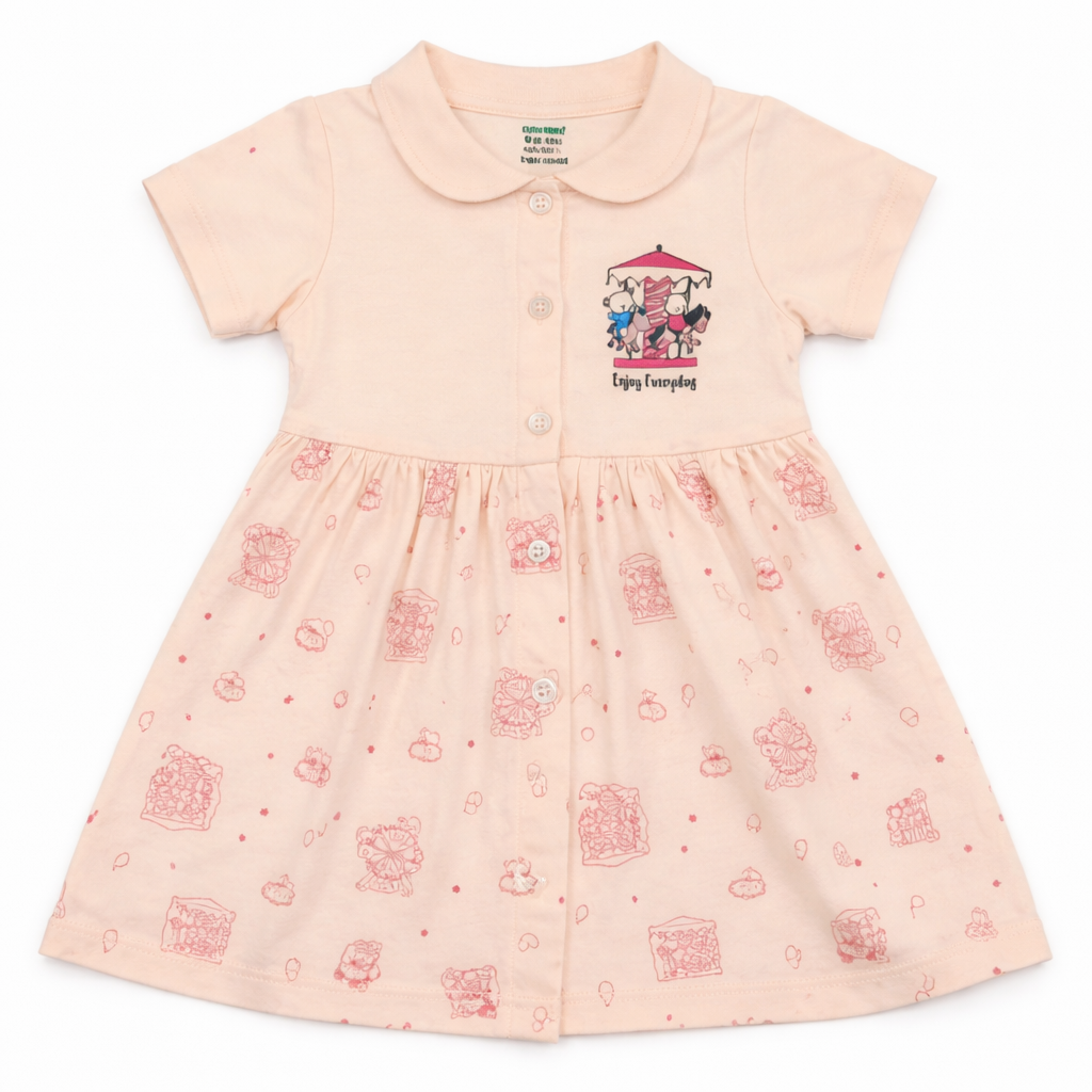 Baby Girls Peach Printed Collar Dress Soft Cotton Casual Wear Outfit