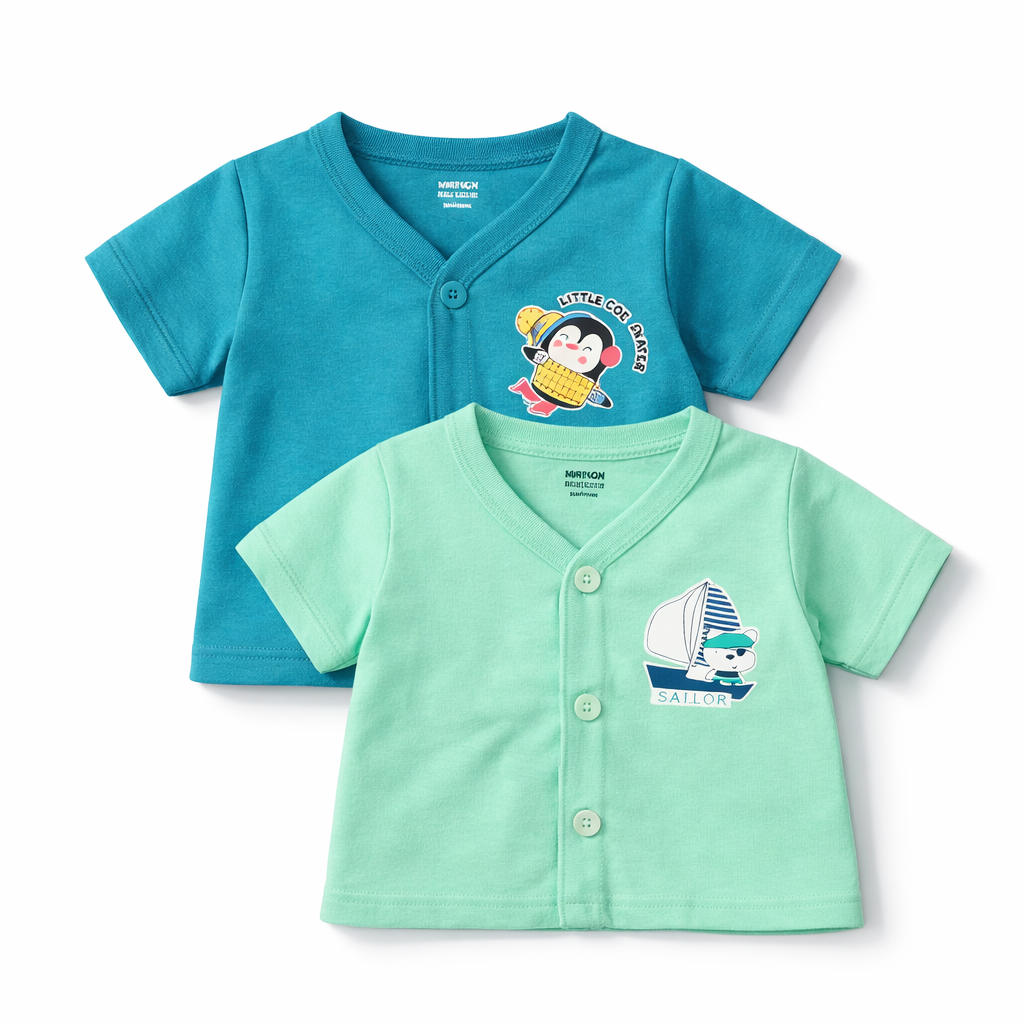 Cucumber Baby Printed Front Open Printed Cotton T-Shirt – Car & Sailor Design - Set of 2 - Cutypi