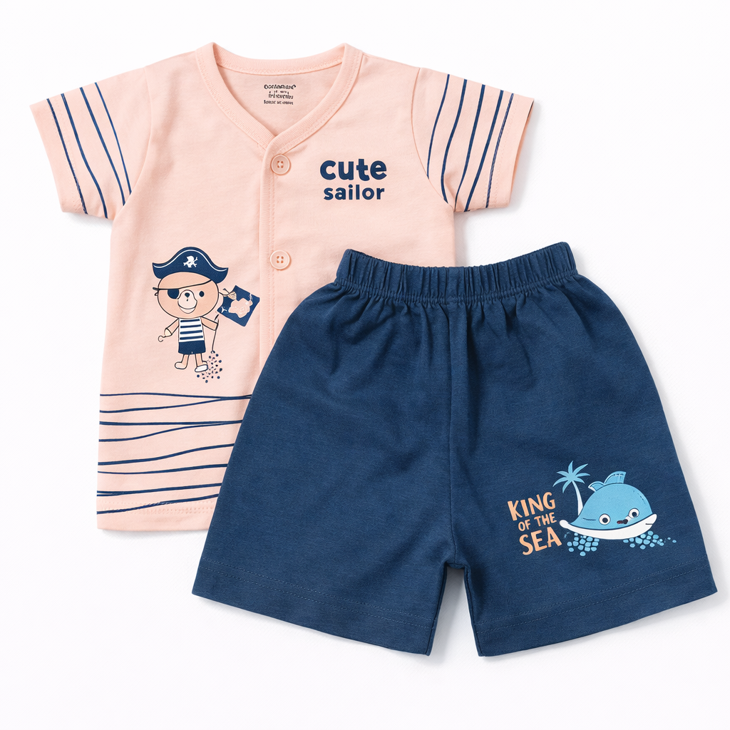 Baby “Cute Sailor” Cotton T-Shirt with Shorts Set – Peach & Navy