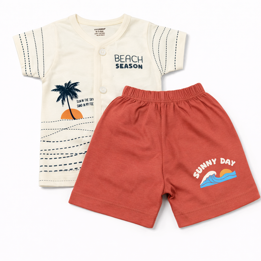 Baby “Sunny Day” Cotton T-Shirt with Shorts Set – Cream & Orange