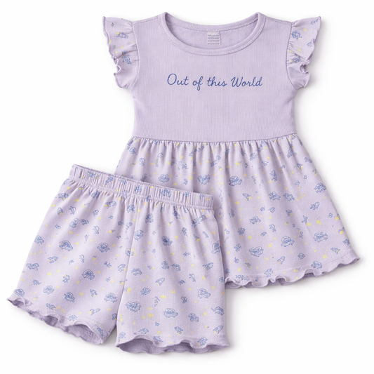 Cucumber Baby Girl Cotton Top & Shorts Set Out of This World Print Lavender Summer Outfit - Cutypi