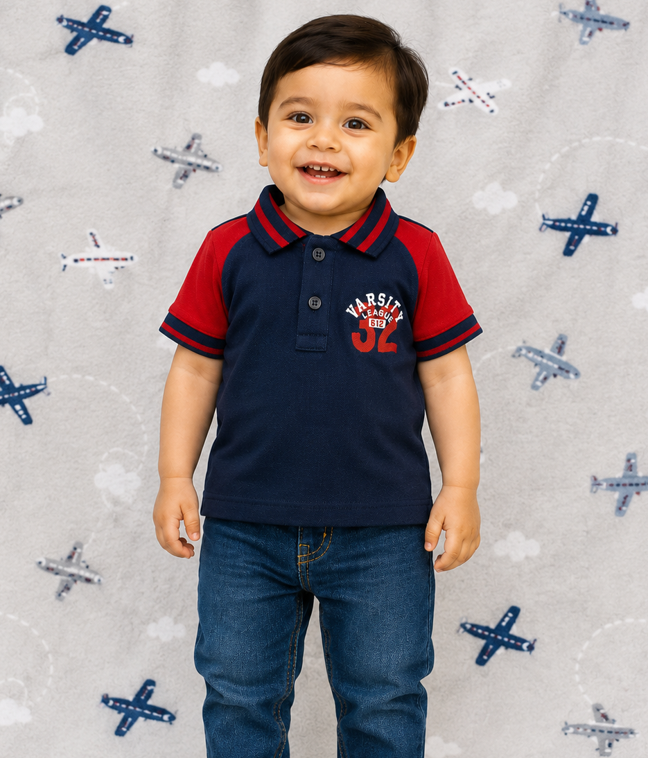Cucumber Baby Boys Varsity Polo T-Shirt Navy Blue & Red Collar Half Sleeve Cotton Tee
