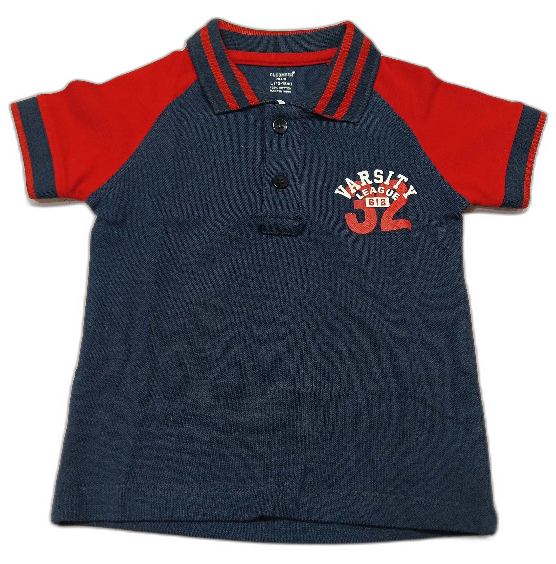 Cucumber Baby Boys Varsity Polo T-Shirt – Navy Blue & Red Collar Half Sleeve Cotton Tee - Cutypi
