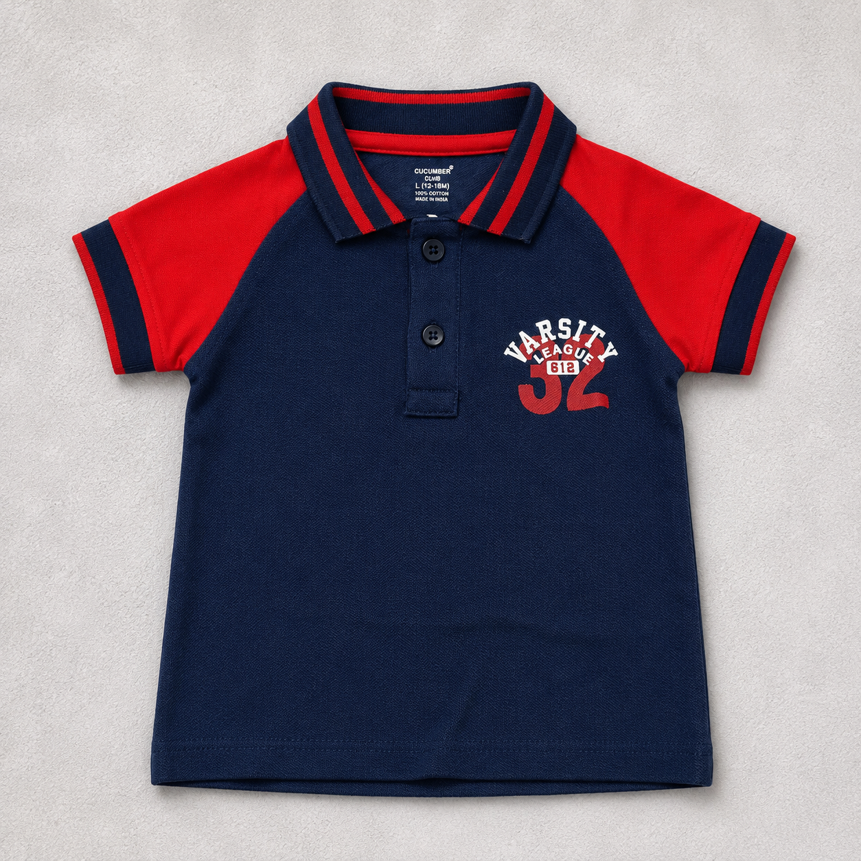Cucumber Baby Boys Varsity Polo T-Shirt Navy Blue & Red Collar Half Sleeve Cotton Tee