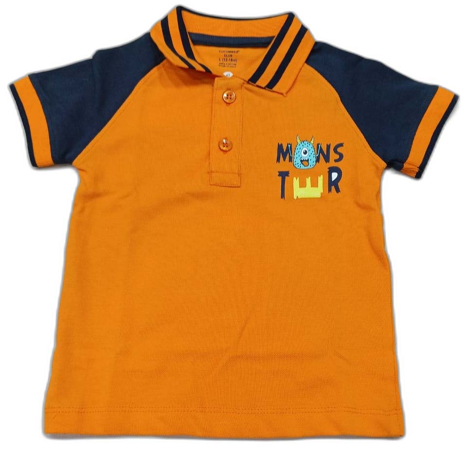 Cucumber Baby Boys Varsity Polo Collar T-Shirt – Orange Half Sleeve Cotton - Cutypi