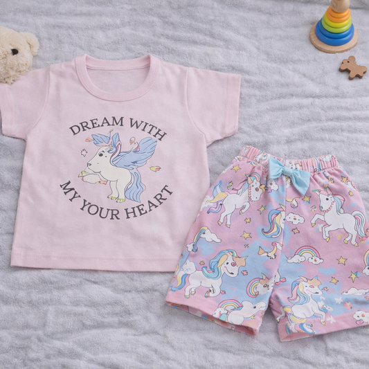 Ojas Infant Unicorn printed Top with short - Pink - Cutypi