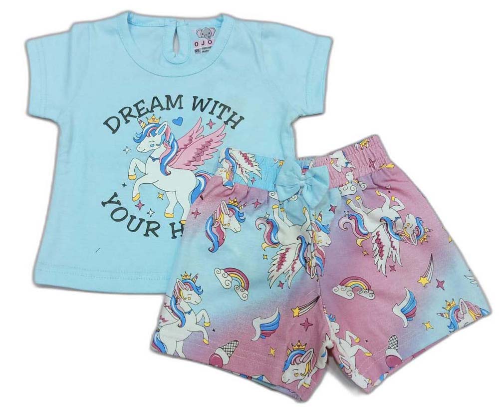 Infant Unicorn printed Top with short - Sky Blue