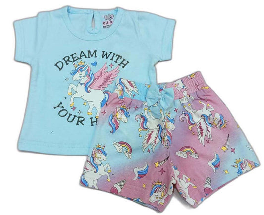 Infant Unicorn printed Top with short - Sky Blue