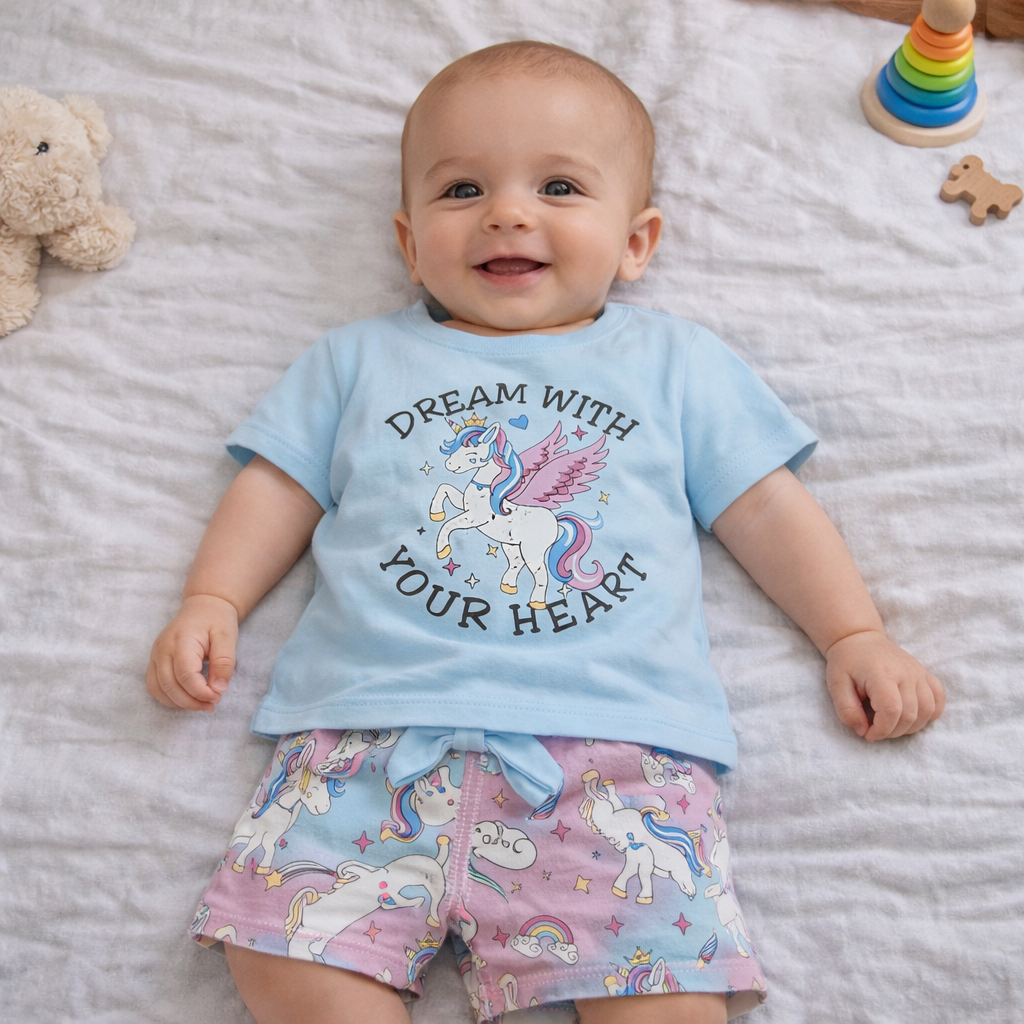 Ojas Infant Unicorn printed Top with short - Sky Blue - Cutypi