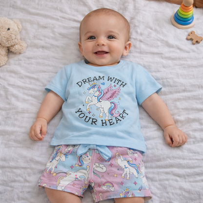 Ojas Infant Unicorn printed Top with short - Sky Blue - Cutypi