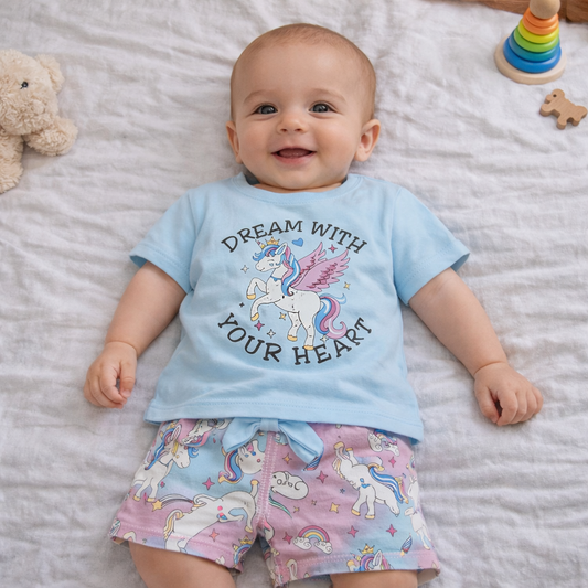 Ojas Infant Unicorn printed Top with short - Sky Blue - Cutypi