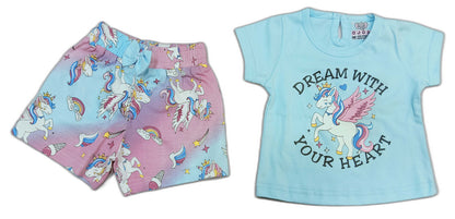 Infant Unicorn printed Top with short - Sky Blue