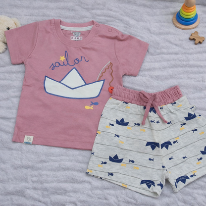 Ojas Infant Sailor printed Top with short - Pink - Cutypi