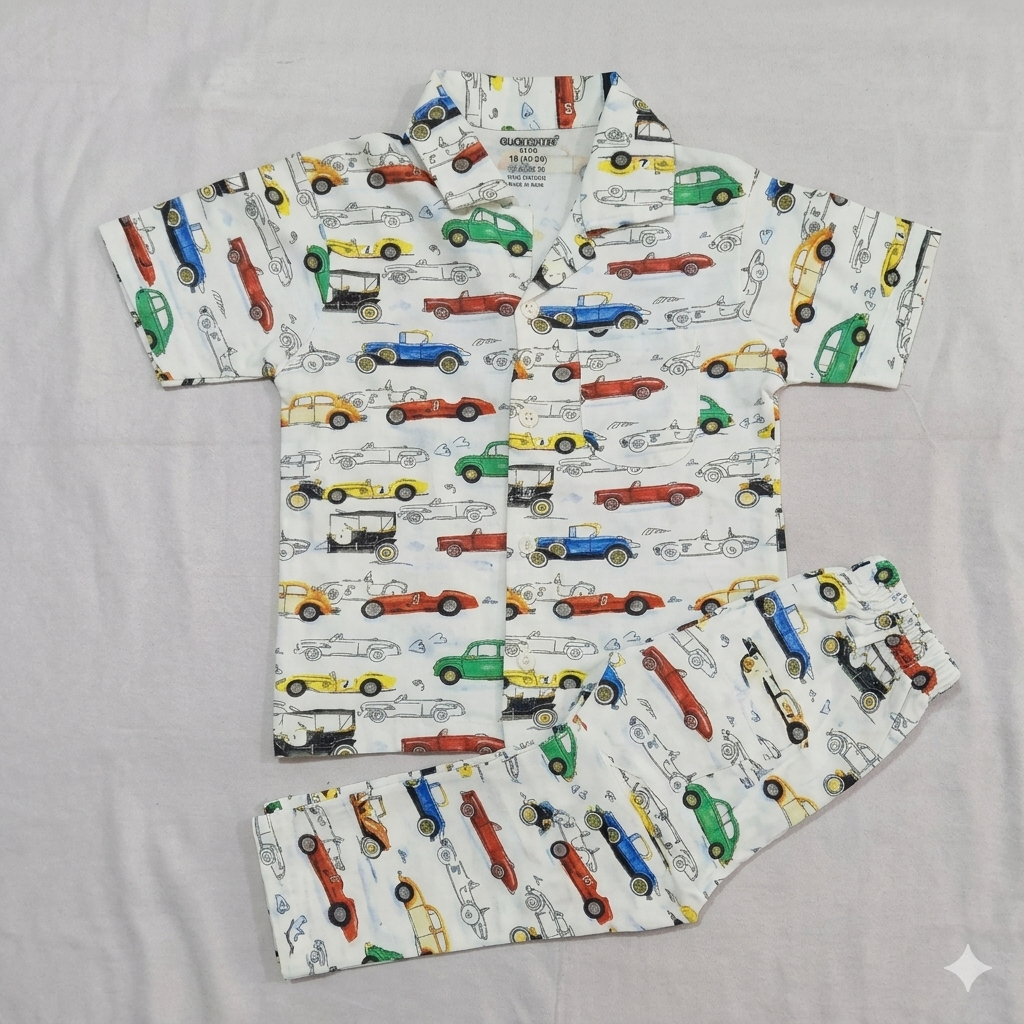 Cucumber Kids Car Print Night Suit Set Boys Cotton Shirt & Pajama Sleepwear - Cutypi
