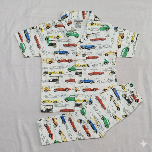 Kids Car Print Night Suit Set Boys Cotton Shirt & Pajama Sleepwear