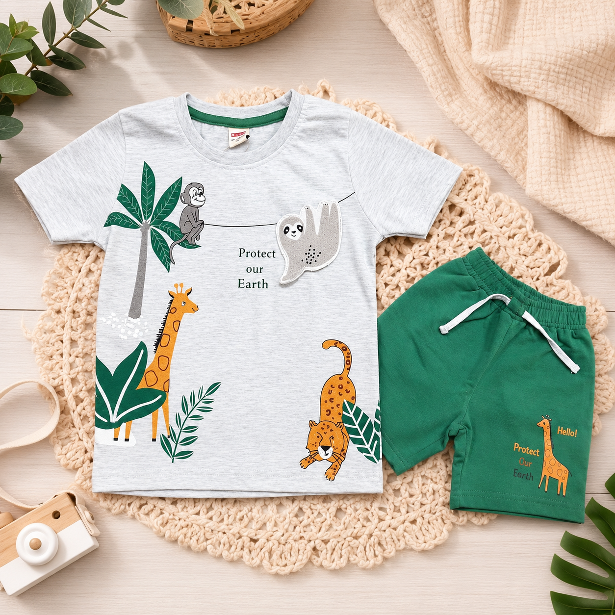 Ojas Boys Cotton Jungle Theme T-Shirt & Shorts Set Grey & Green | Kids Summer Co-ord Set | Cutypi