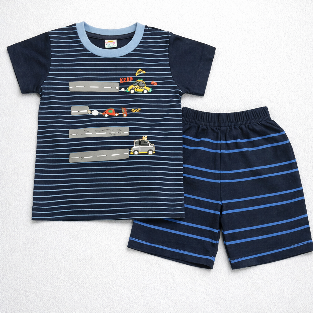 Amul Baby Boys Car Print Striped T-Shirt & Shorts Set Cotton Summer Outfit  - Cutypi