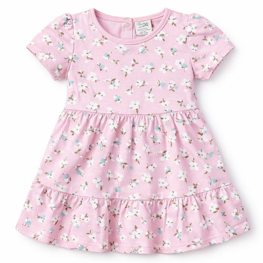 Simply Baby Girl Pink Floral Cotton Dress Short Sleeve Casual Summer Frock - Cutypi