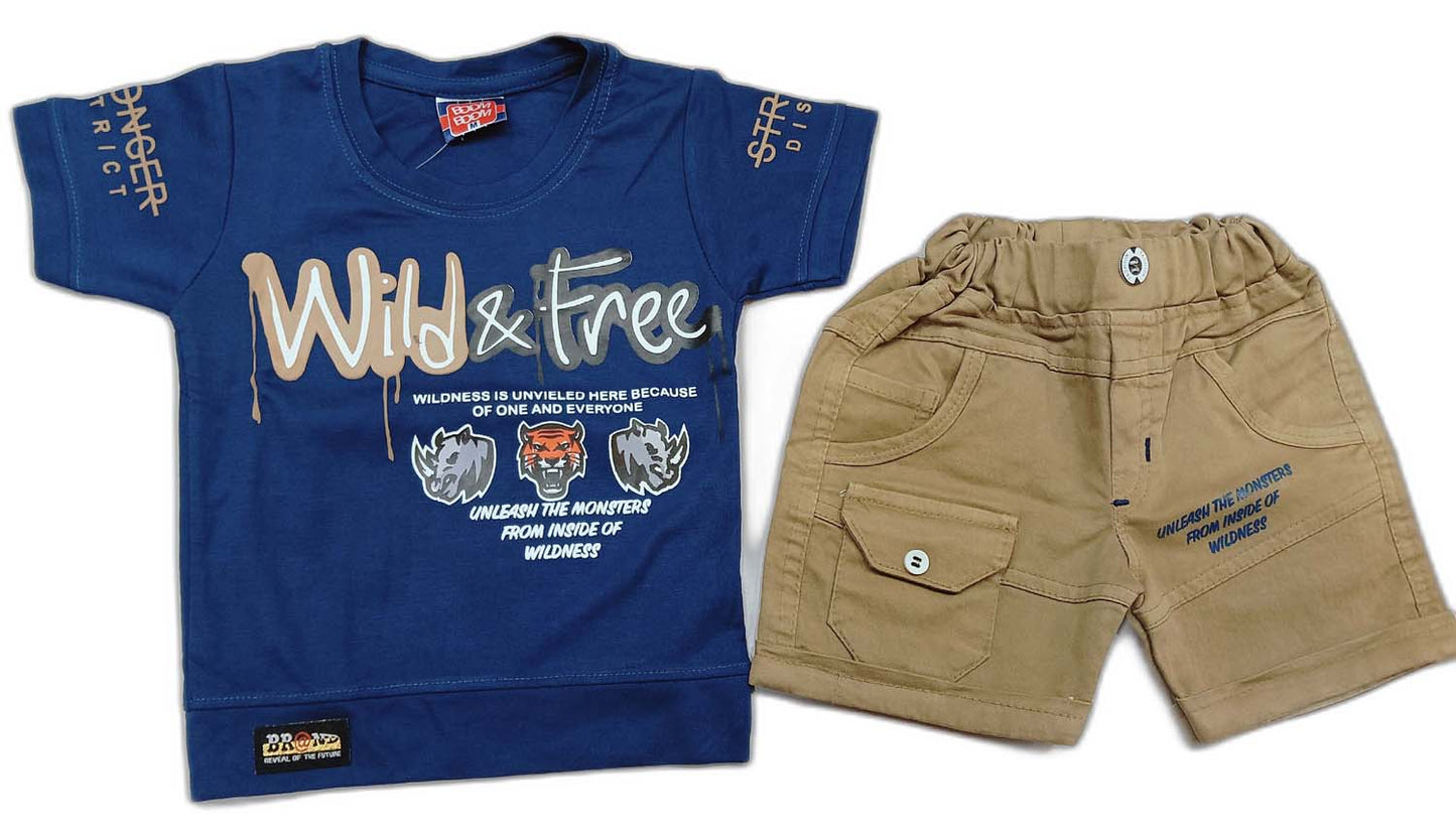 Boys Wild Fire Printed T-Shirt and Denim Shorts Set for Kids - Blue