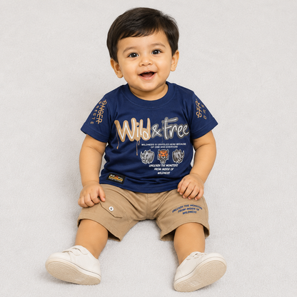Boys Wild Fire Printed T-Shirt and Denim Shorts Set for Kids - Blue
