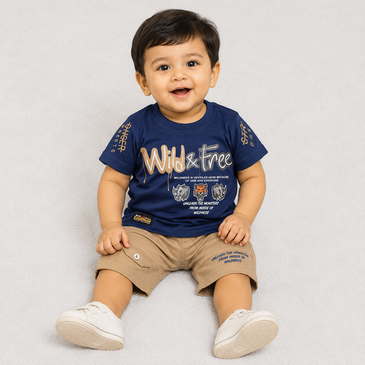 Boys Wild Fire Printed T-Shirt and Denim Shorts Set for Kids - Blue