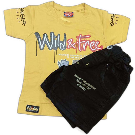 Boys Wild Fire Printed T-Shirt and Denim Shorts Set for Kids - Yellow