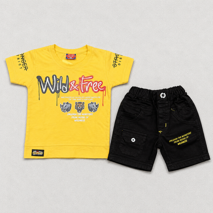 Boys Wild Fire Printed T-Shirt and Denim Shorts Set for Kids - Yellow