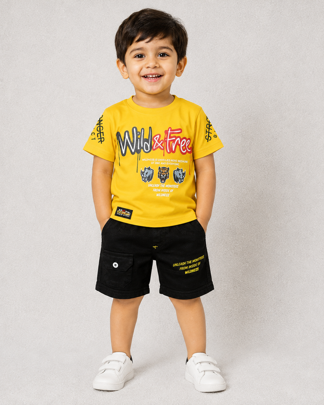 Boys Wild Fire Printed T-Shirt and Denim Shorts Set for Kids - Yellow