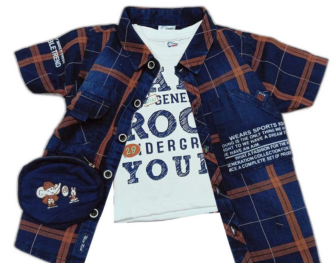 Boys Half Sleeves Solid Shirt & Short Set With Text Printed Inner T-Shirt