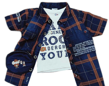 Boys Half Sleeves Solid Shirt & Short Set With Text Printed Inner T-Shirt