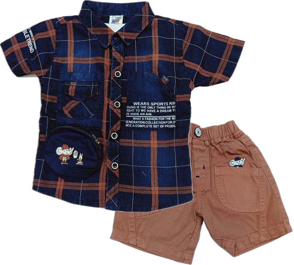 Boys Half Sleeves Solid Shirt & Short Set With Text Printed Inner T-Shirt