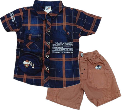 Boys Half Sleeves Solid Shirt & Short Set With Text Printed Inner T-Shirt