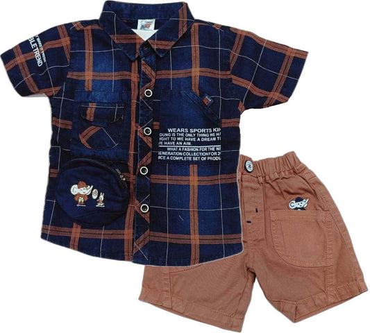 Boys Half Sleeves Solid Shirt & Short Set With Text Printed Inner T-Shirt