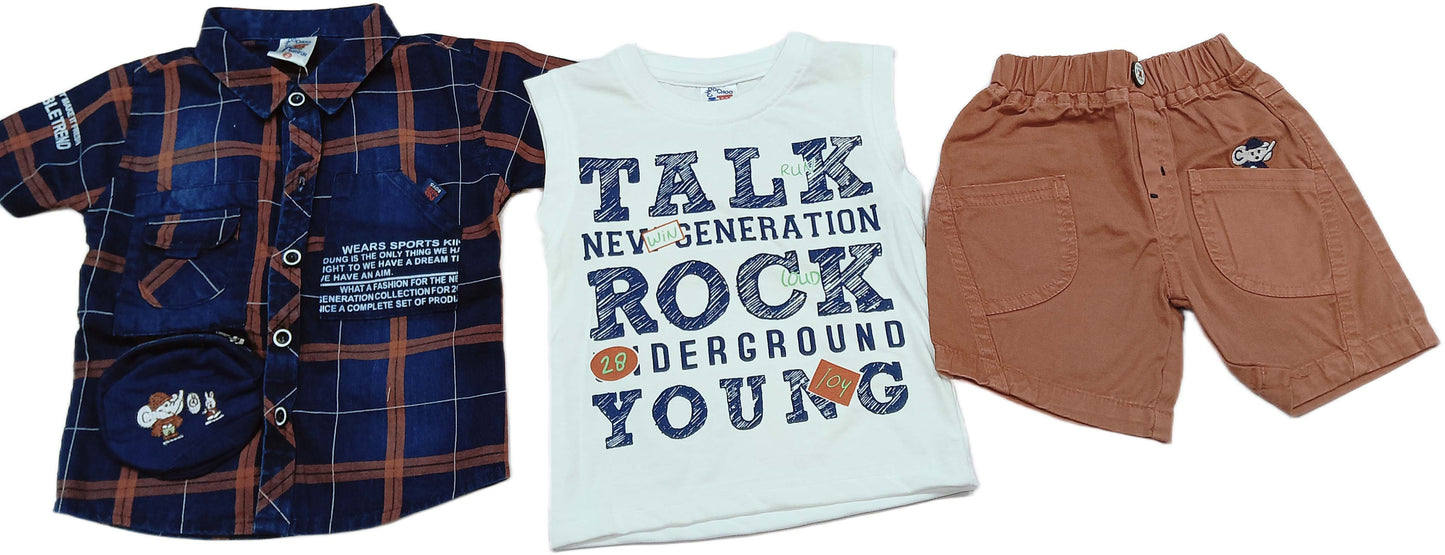 Boys Half Sleeves Solid Shirt & Short Set With Text Printed Inner T-Shirt