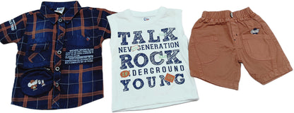 Boys Half Sleeves Solid Shirt & Short Set With Text Printed Inner T-Shirt