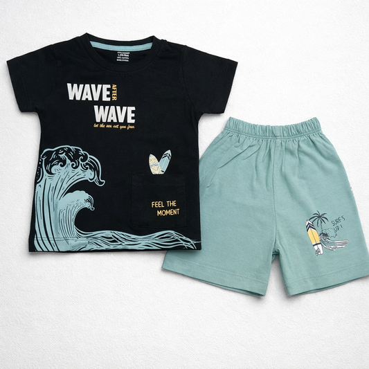 Cucumber Baby Boys Black Wave Printed T-Shirt & Green Shorts Set Cotton Summer Outfit  - Cutypi