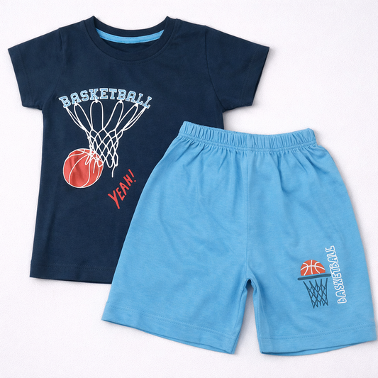 Cucumber Kids Basketball Yeah Print Navy T-Shirt & Blue Shorts Set  - Cutypi