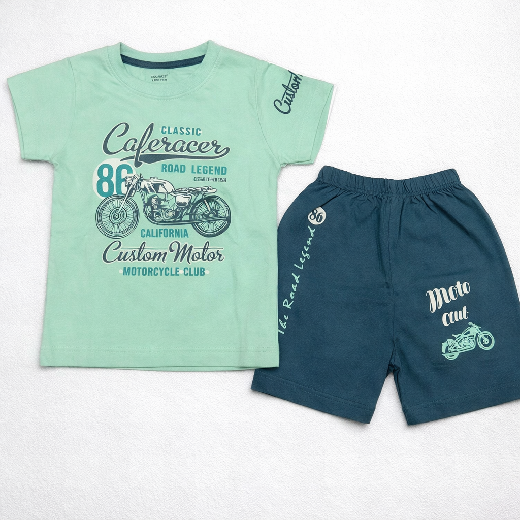 Cucumber boys light green motorcycle print cotton half sleeve T-shirt with navy shorts summer co-ord set for kids