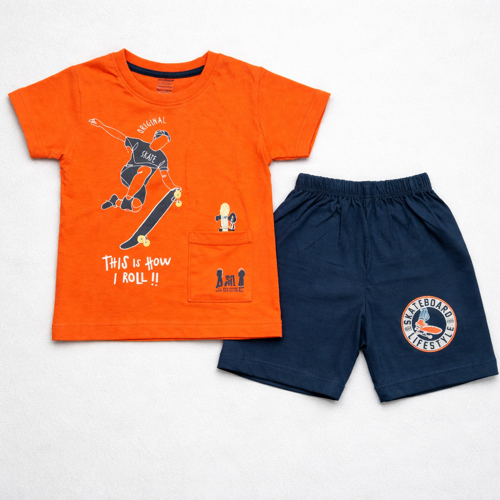 Cucumber Baby Boys Orange Skateboard Printed T-Shirt & Navy Shorts Set Cotton Outfit  - Cutypi