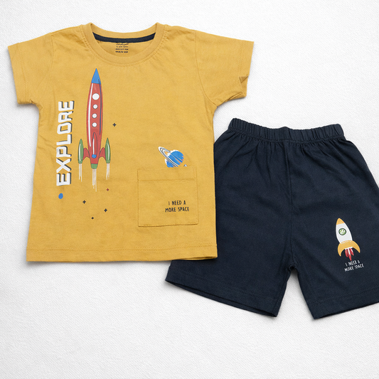 Cucumber Baby Boys Rocket Printed T-Shirt & Navy Shorts Set Cotton Outfit  - Cutypi