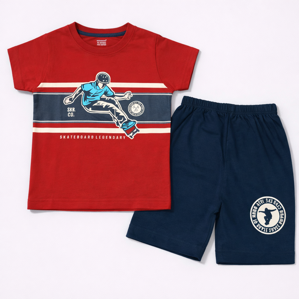 Cucumber Skateboard Legend Kids Summer Set – Red Graphic Tee & Navy Shorts  - Cutypi