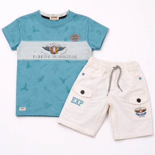 Uno Kids Teal Graphic T-Shirt & Cream Cargo Shorts Kids Co-Ord Set  - Cutypi