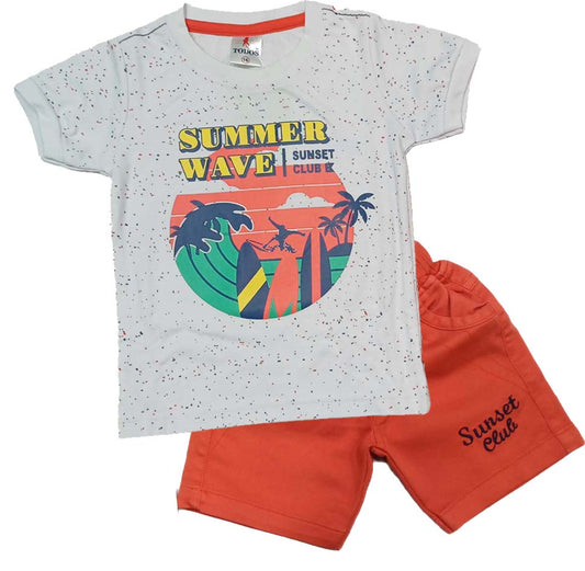 Boys Typography Printed Cotton T-shirt with Short - White Orange