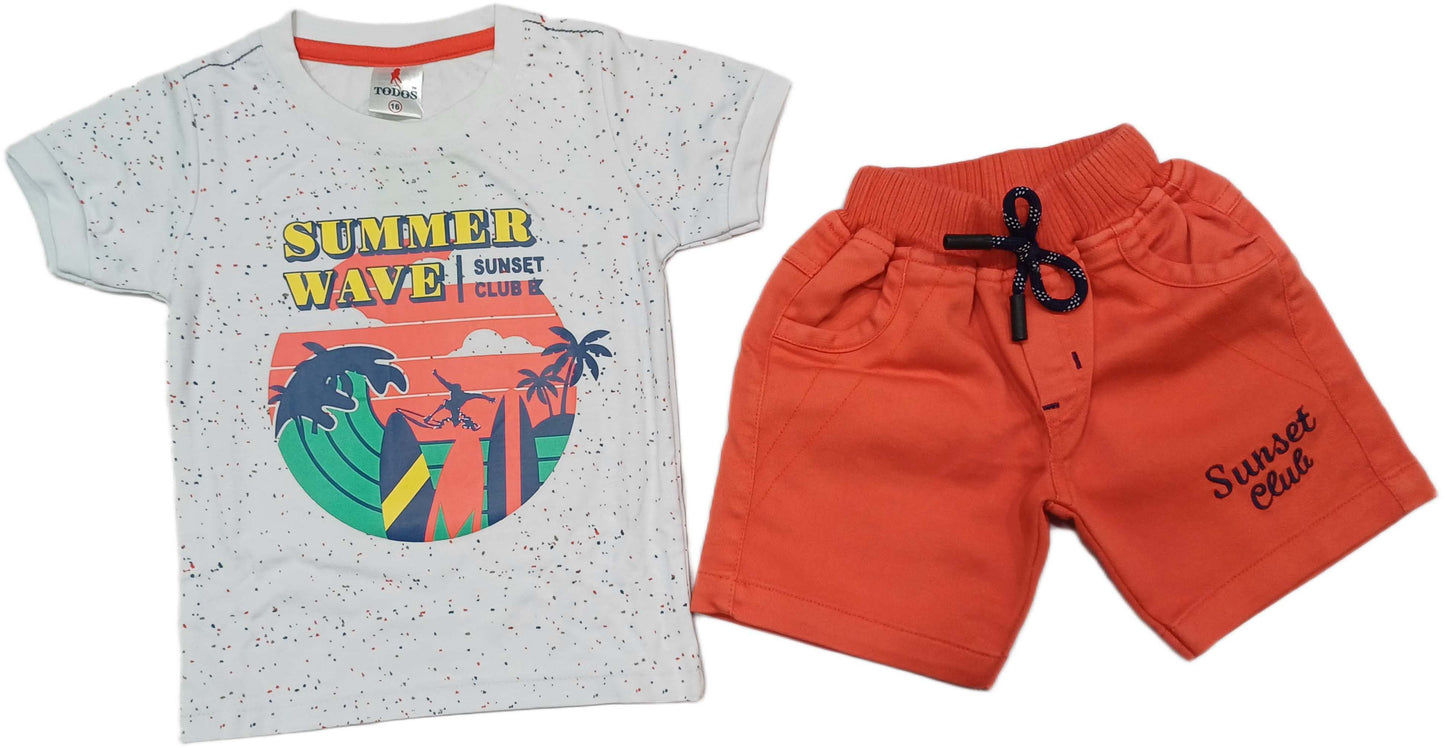Boys Typography Printed Cotton T-shirt with Short - White Orange
