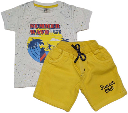 Boys Typography Printed Cotton T-shirt with Short - Whie & Yellow