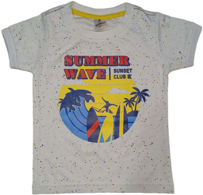 Boys Typography Printed Cotton T-shirt with Short - Whie & Yellow