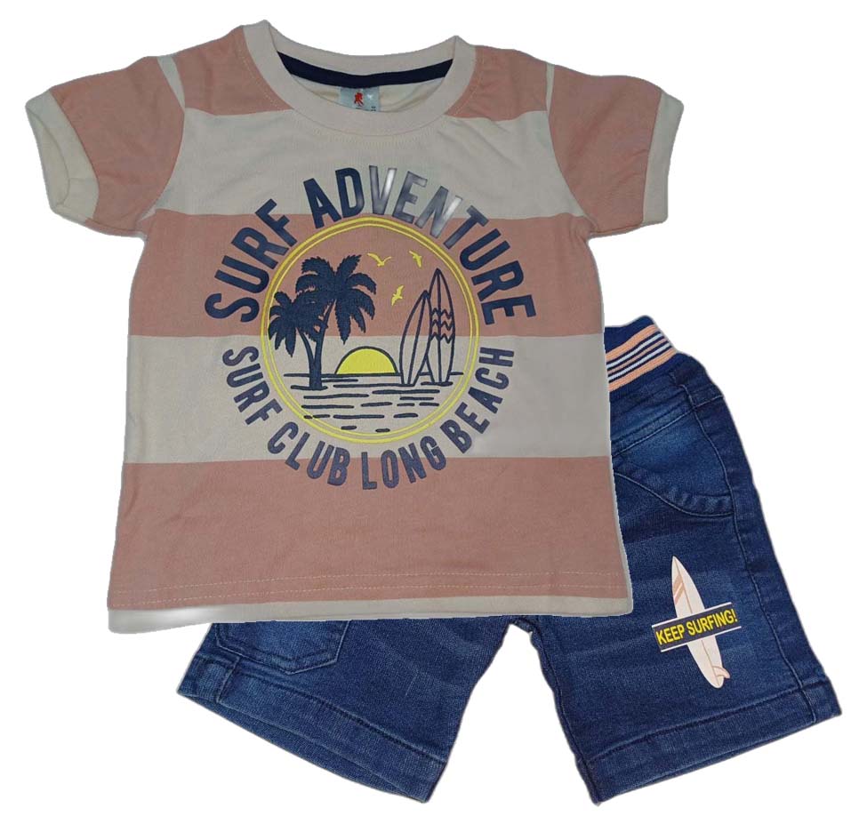 Boys Surf Adventure Printed T-Shirt with Denim Half Pant