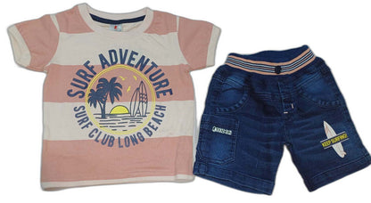 Boys Surf Adventure Printed T-Shirt with Denim Half Pant